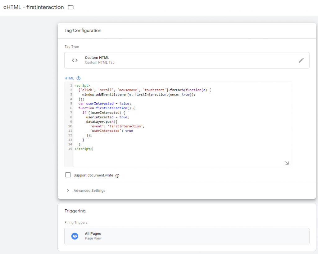 Pushing a custom event in the Data Layer in Google Tag Manager when the user first interacts